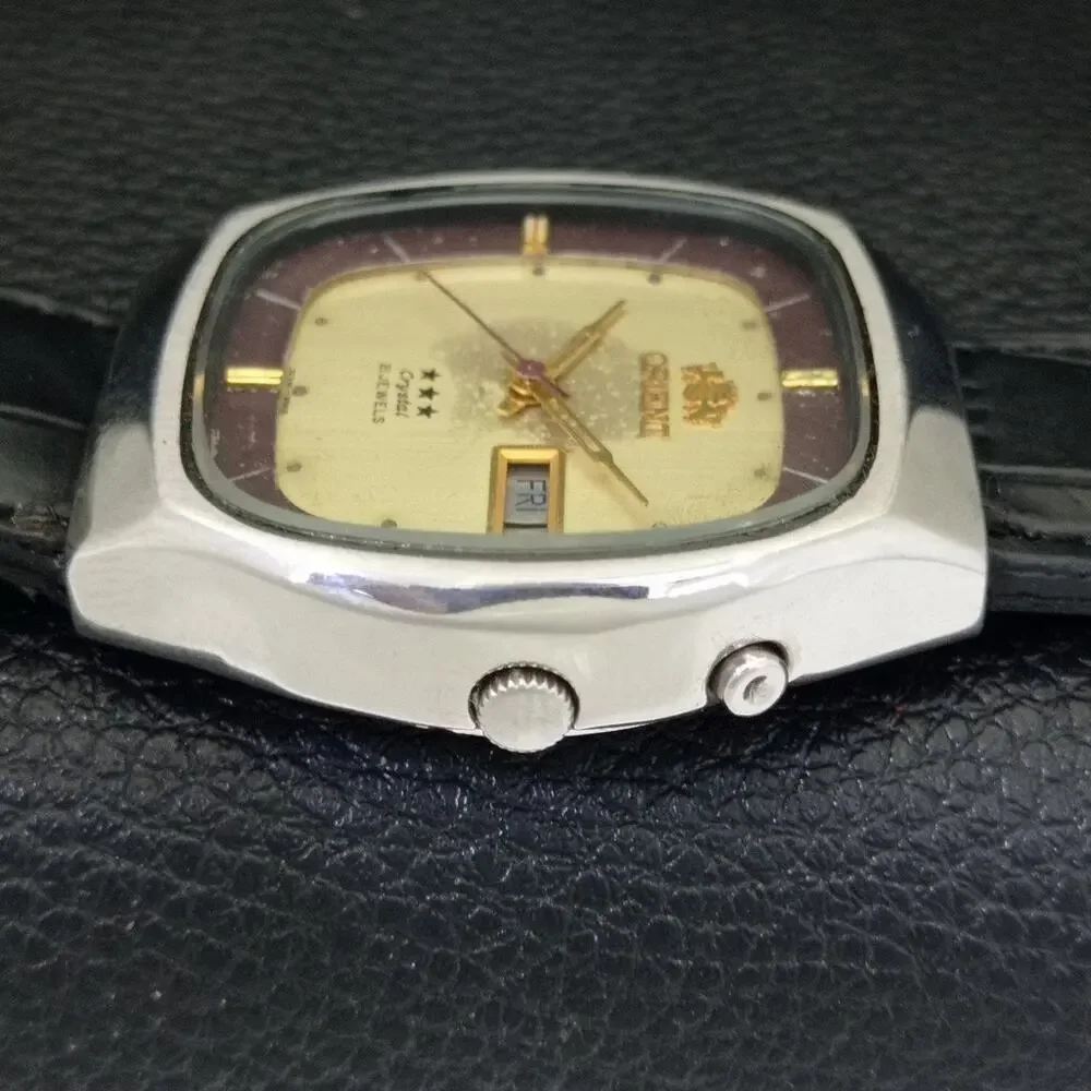 Vintage 1978 Square Orient Automatic Mens Silver Watch W/daydate & Gold accents
